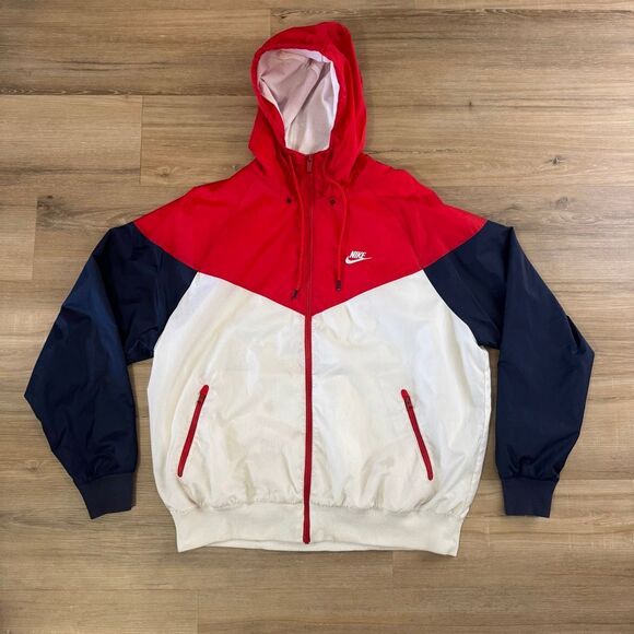 Vintage Nike Red White And Blue Windrunner Hooded Jacket Size Large Windbreaker - Picture 1 of 9